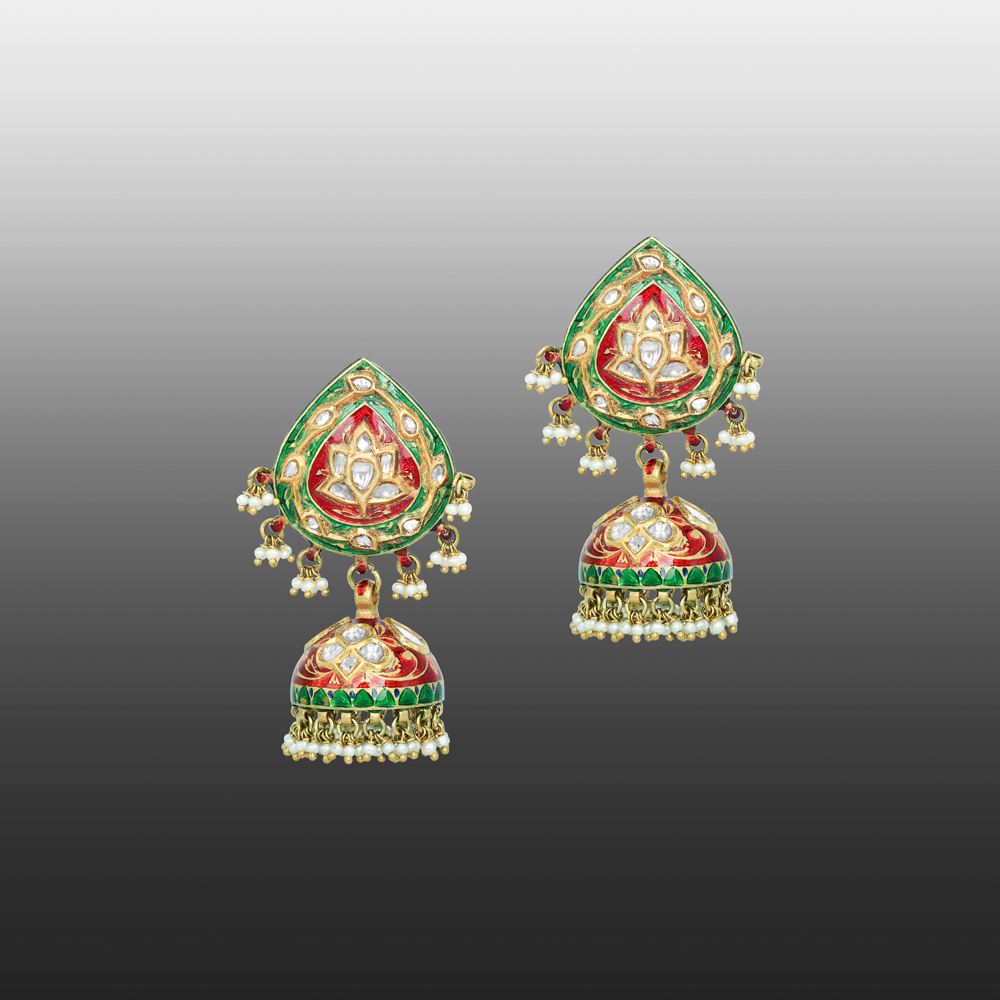 Teardrop Polki Jhumkas with Green-Red Enamel and Pearl Clusters